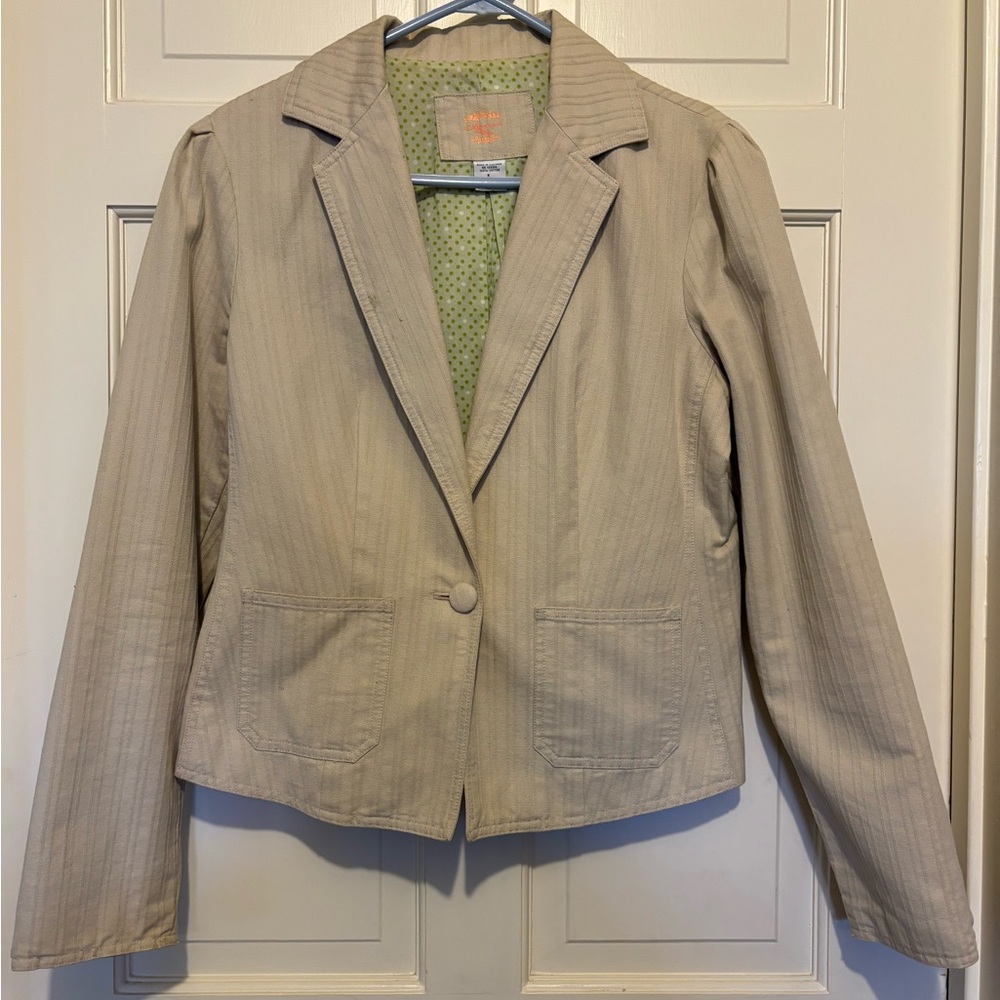 Womens Tan Blazer collared jacket coat striped vintage beige cream elegant party